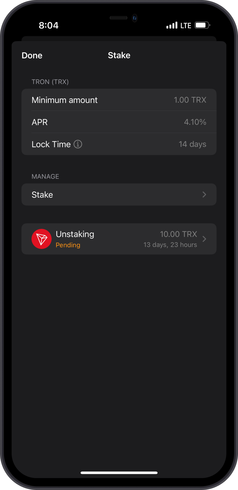 TRON Unstake Screen